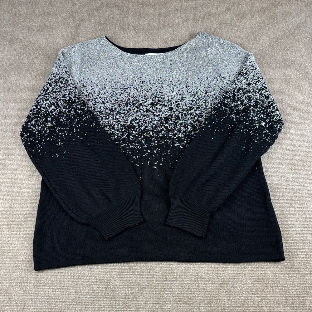 Notations Women's Black/Gray/Metallic Festive Crew Neck Sweater Size L NWT